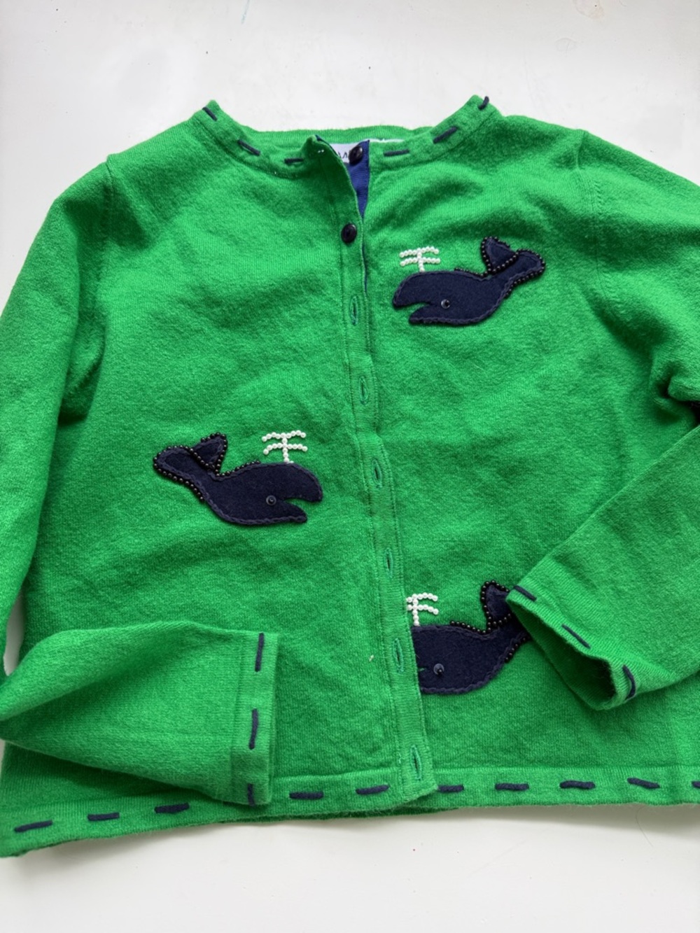 Hartstrings Green Cardigan with Navy Whale Appliqué